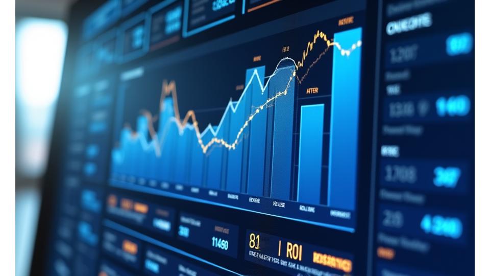 Tableau de bord financier interactif affichant des graphiques de ROI, avec des curseurs pour ajuster les variables économiques.