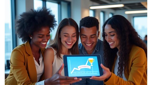Illustration d'une équipe de startup célébrant un succès, avec des graphiques financiers en arrière-plan clair.